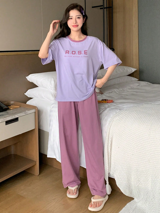 Loose And Casual Homewear Set With Same Color Border And Letter Print