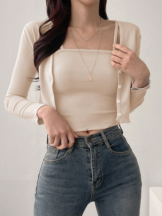 Women's Solid Color Long Sleeve Lettuce Trim Button Up T-Shirt And Camisole Tank Top 2pcs/Set