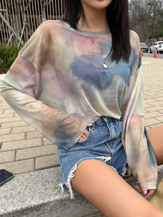 Women Loose Drop-Shoulder Long-Sleeved Top With Tie-Dyeing And Print Design, Made Of Perspective Mesh Fabric In Spring And Summer