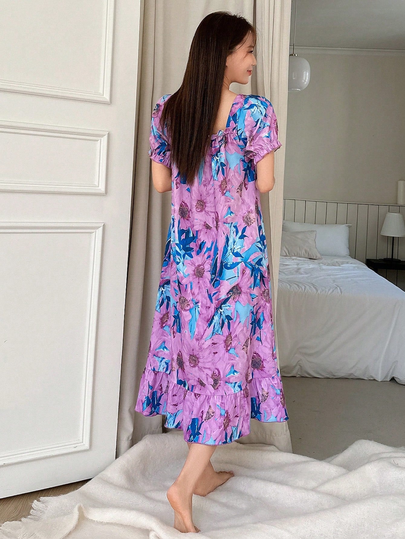 Women Floral Printed Textured Fabric Square Neck Puff Sleeve Sleep Dress