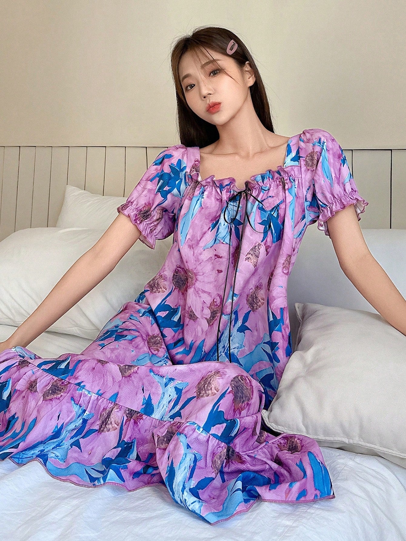 Women Floral Printed Textured Fabric Square Neck Puff Sleeve Sleep Dress