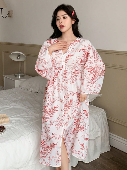 Spring/Summer Leisure Loose Sleep Dress With Plant Print And Notched Neckline