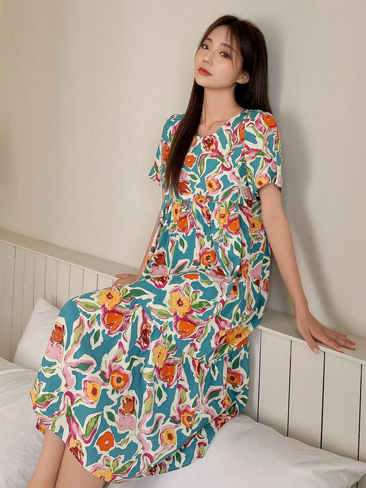 Women Summer Fashionable Round Neck Floral Print Pleated Short Sleeve Sleep Dress