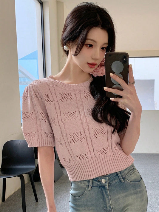 Women Fashionable Sweet Simple Short-Sleeved Knitted Top
