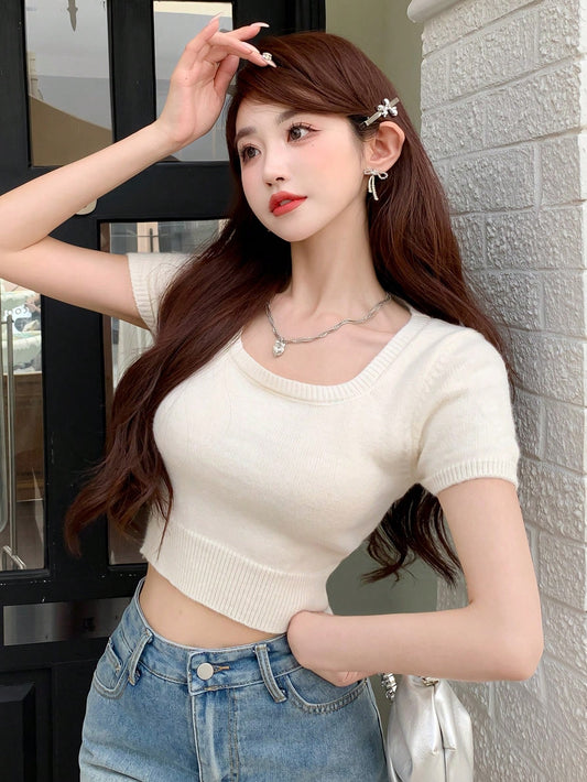 Women Spring/Summer Casual Solid Color Short Sleeve Cropped Knitted Top