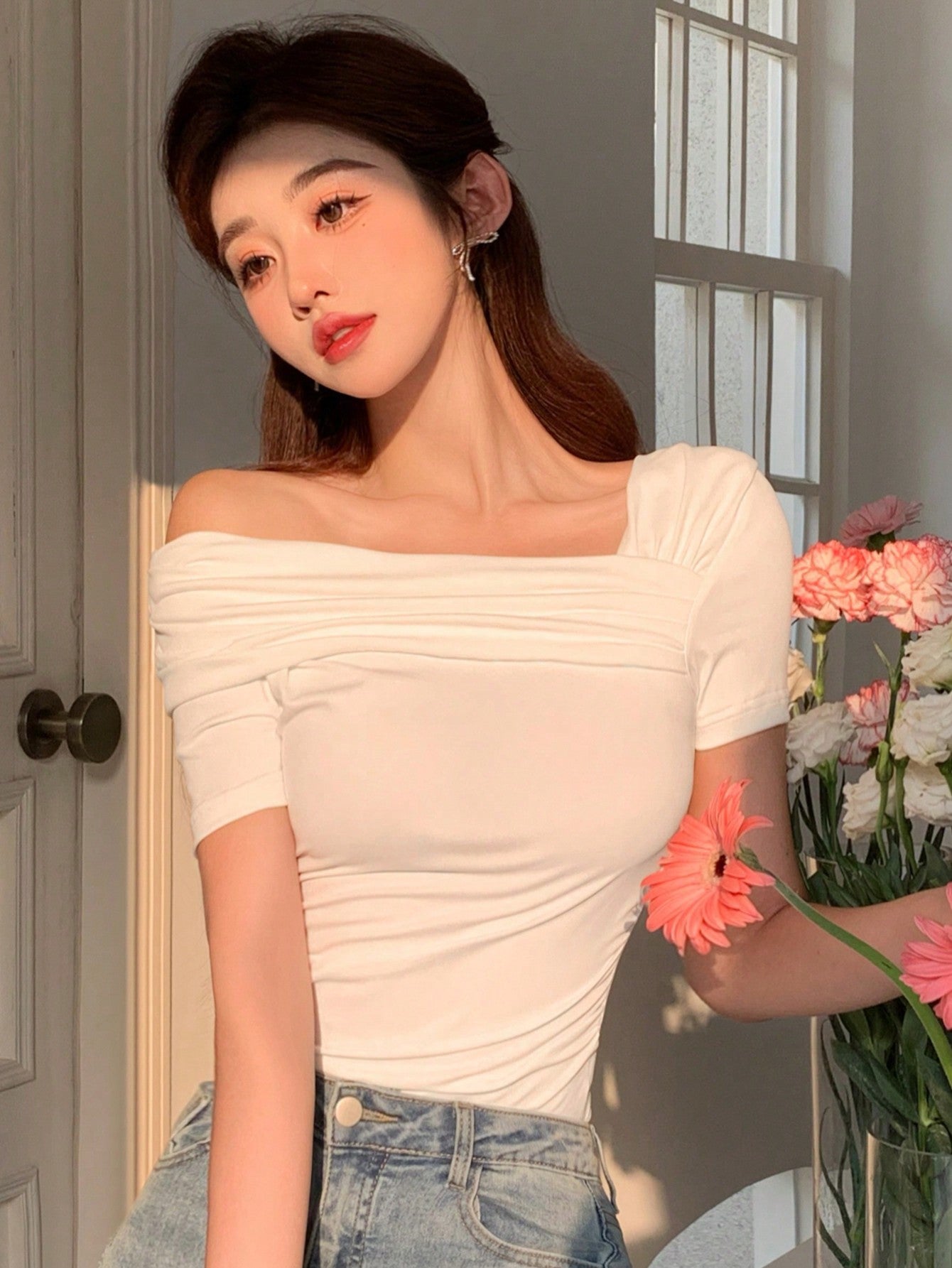 Women Casual Solid Color Asymmetrical Collar Pleated Slim Fit Top For Spring/Summer