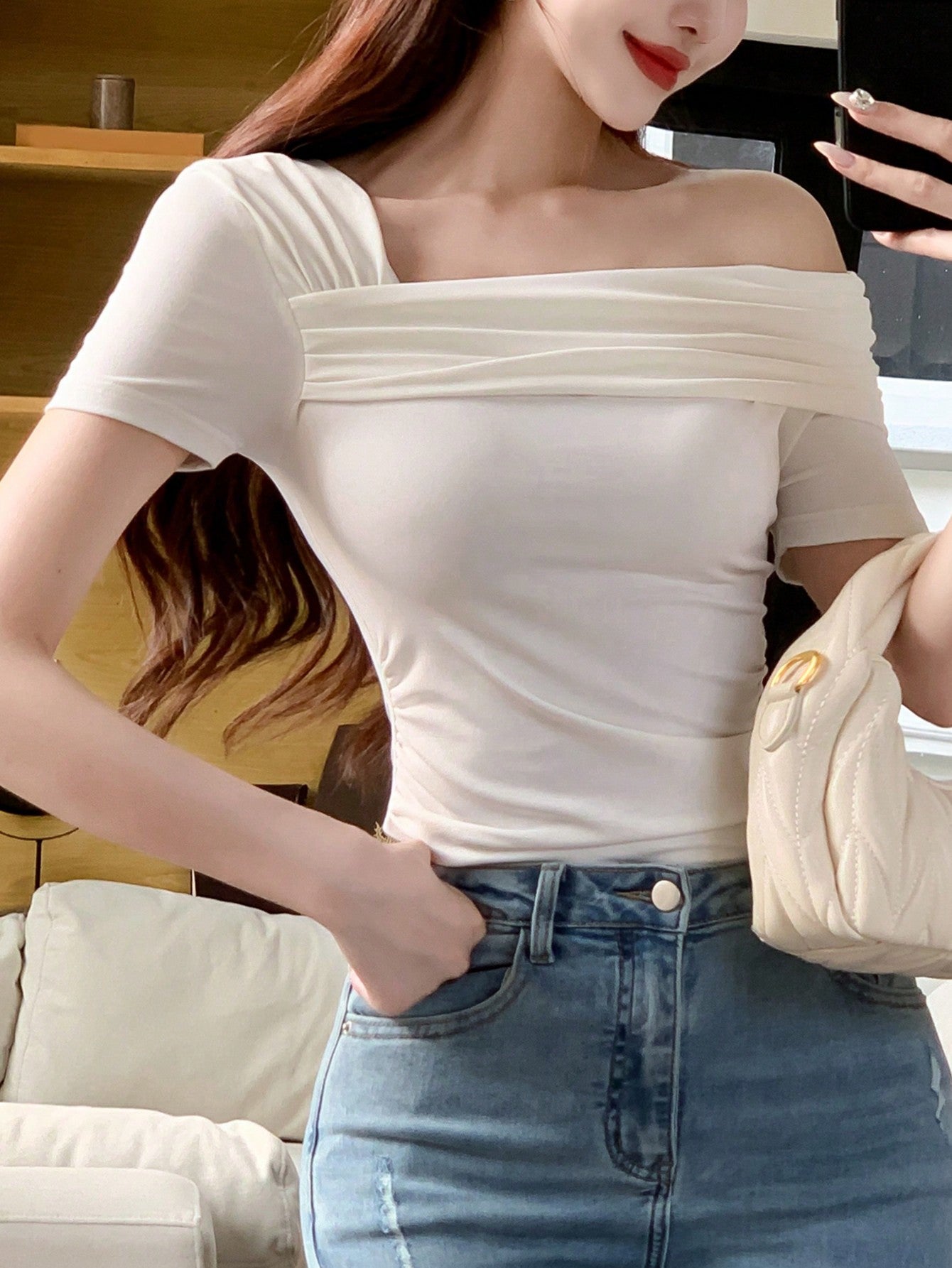 Women Casual Solid Color Asymmetrical Collar Pleated Slim Fit Top For Spring/Summer