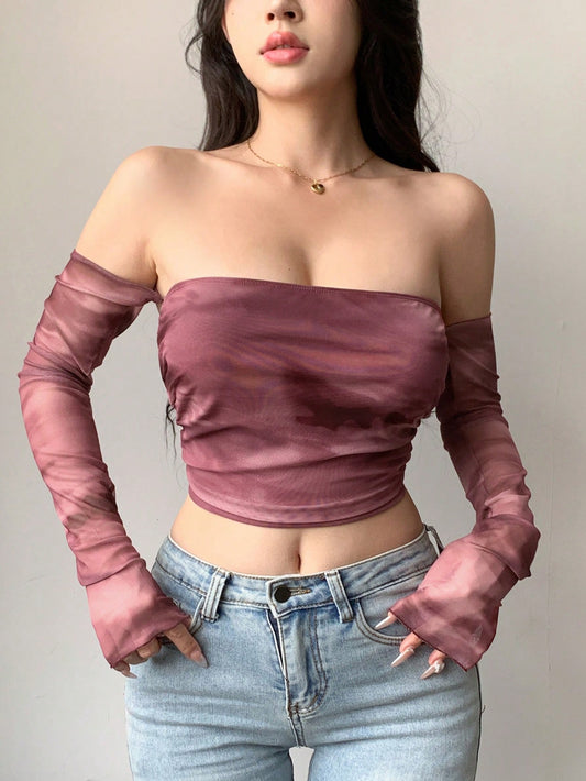Ombre Transparent Mesh Cropped Off Shoulder Long Sleeved Women Top
