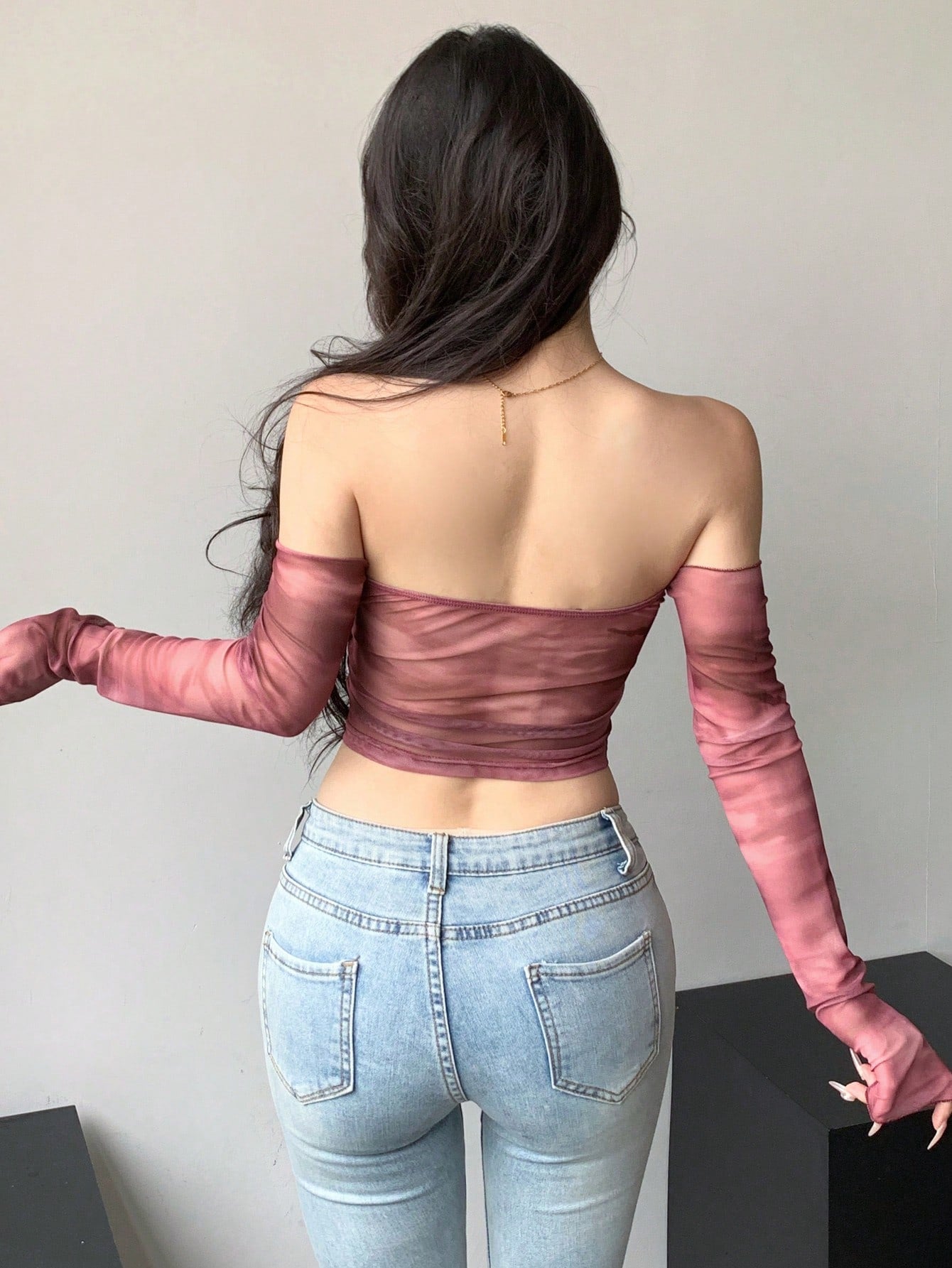 Ombre Transparent Mesh Cropped Off Shoulder Long Sleeved Women Top