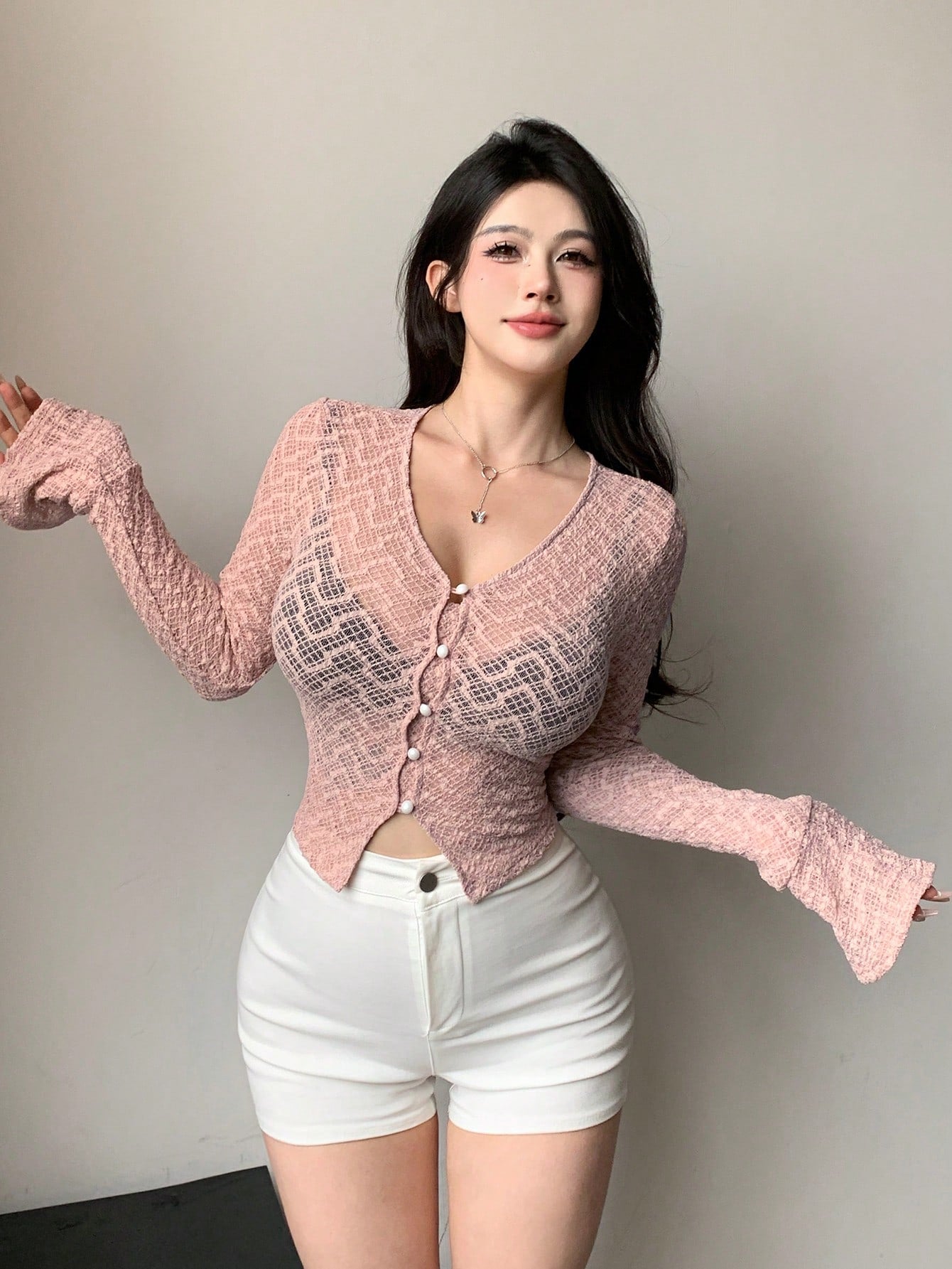 Women Spring And Summer Solid Color Single-Breasted Hollow Out Long Sleeve Slim Fit Sexy Top