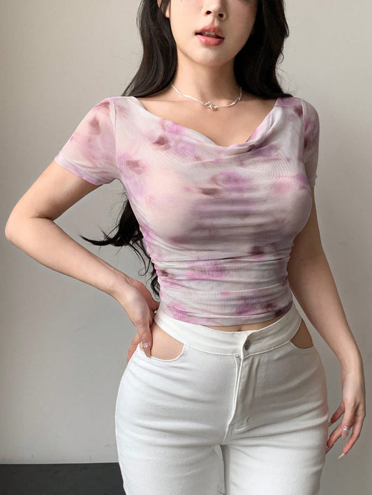 Women Tie Dye Ruched Short Sleeve Mesh Top With Cowl Neck