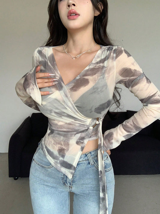 Women Spring/Summer Overlapping V-Neck Long-Sleeved Tie Dye Top With Asymmetric Hem And Slim Fit