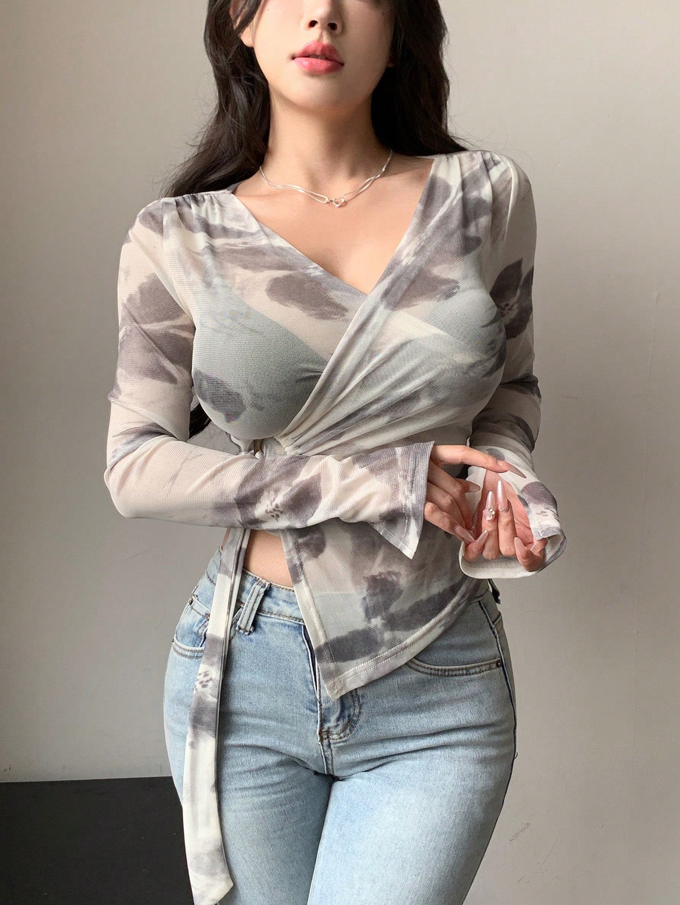 Women Spring/Summer Overlapping V-Neck Long-Sleeved Tie Dye Top With Asymmetric Hem And Slim Fit