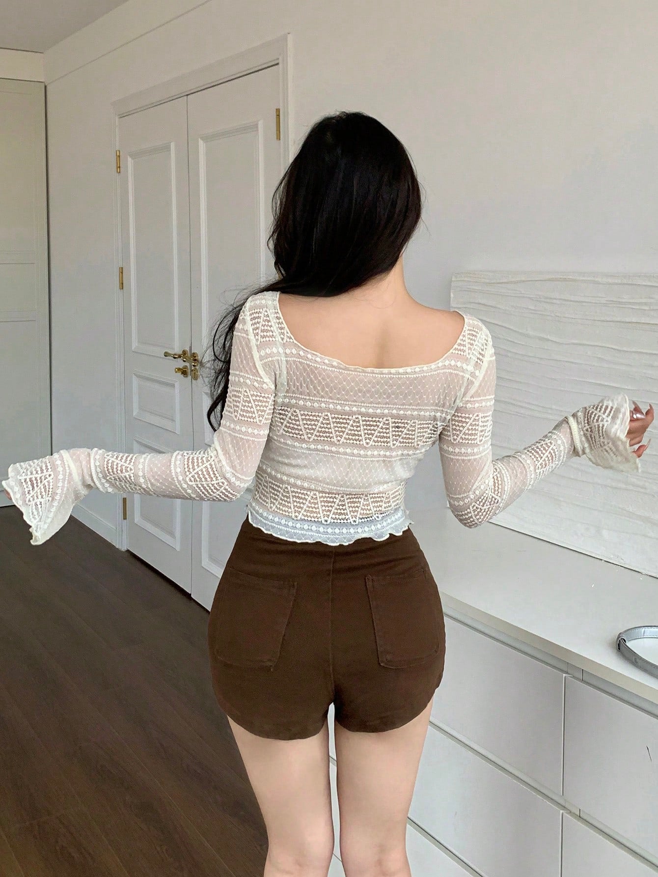 Women Spring Summer Sexy Solid Color Hollow Out Slim Fit Trumpet Sleeve Crop See Through Lace Shirt