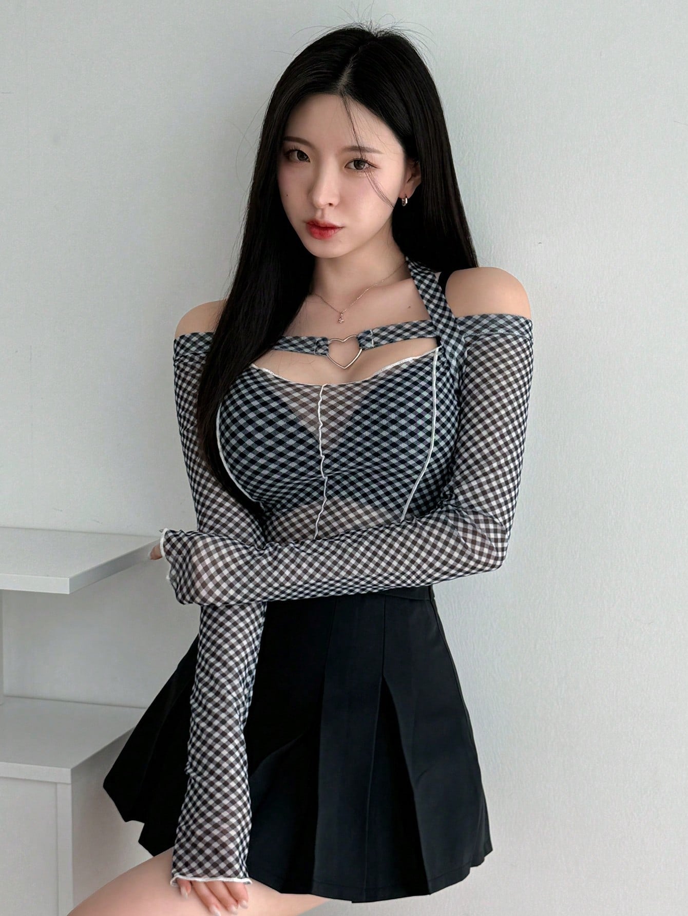 Women Plaid Long-Sleeve Halter Top, Suitable For Summer