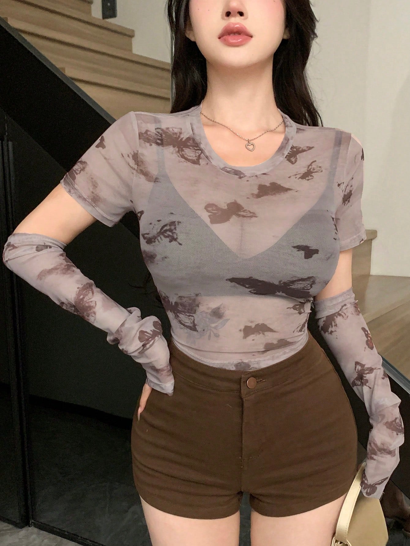 Women Butterfly Print Round Neck Short Sleeve Mesh Top With Sleeve Cover For Spring/Summer