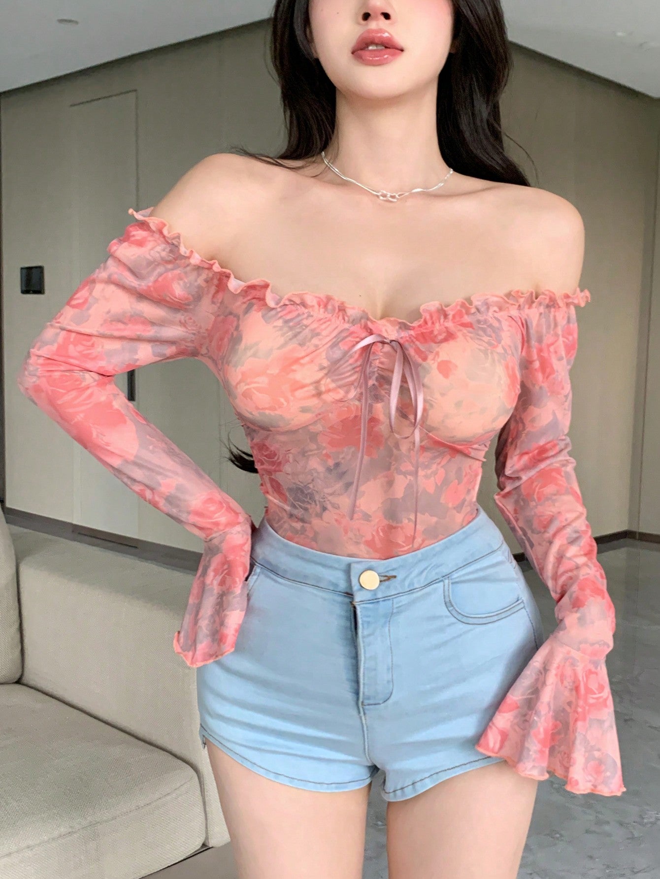 Ladies' Full Print Mesh Off-Shoulder Long Sleeve Summer  Top With Floral Pattern
