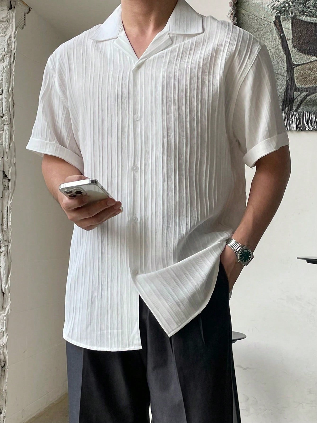 Men Summer Fashionable Vertical Striped Solid Color Shirt
