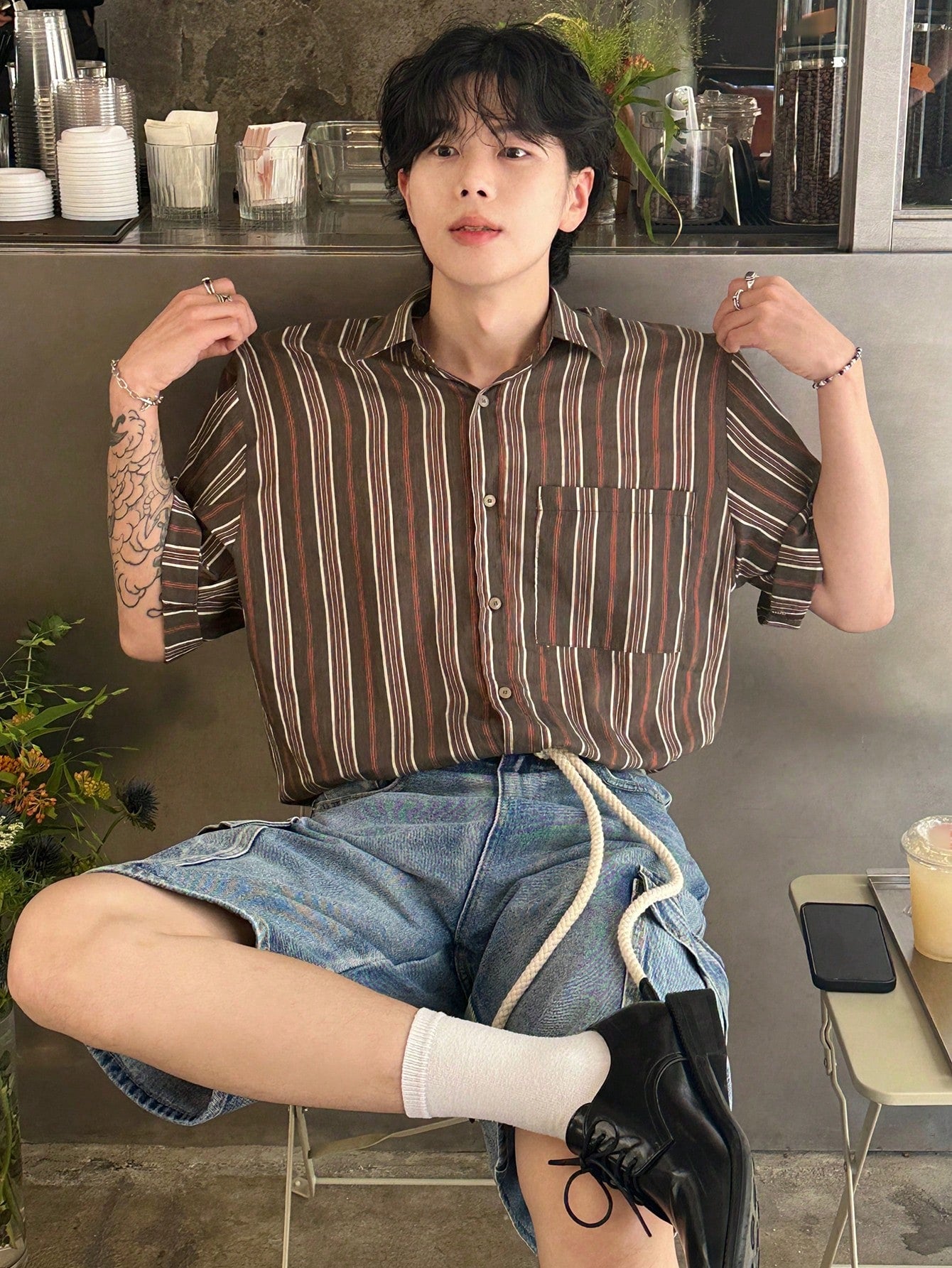 Men Fashionable Loose Striped Short-Sleeved Shirt For Summer
