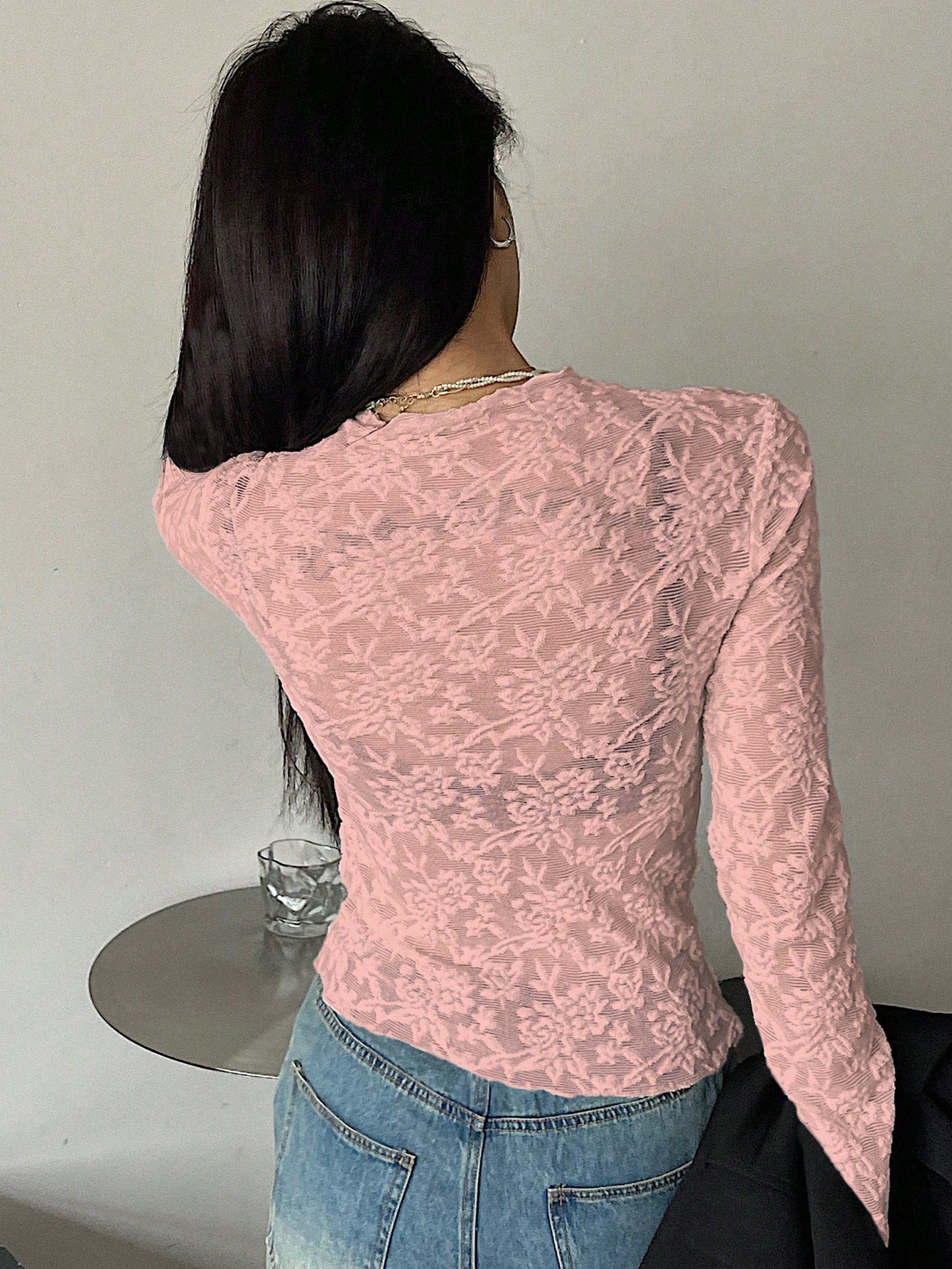 Perspective Lace Half-High Neck Tight Long Sleeve Women Top