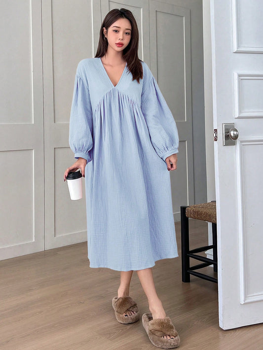 Women Spring/Summer Solid Color Lantern Sleeve Pleated Nightgown