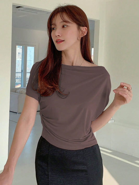 Women Summer Solid Color Boat Neck Casual Batwing Short Sleeve Loose T-Shirt