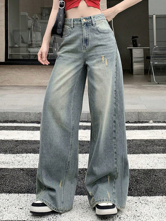 Women Fashionable And Casual Loose Wide Leg Jeans