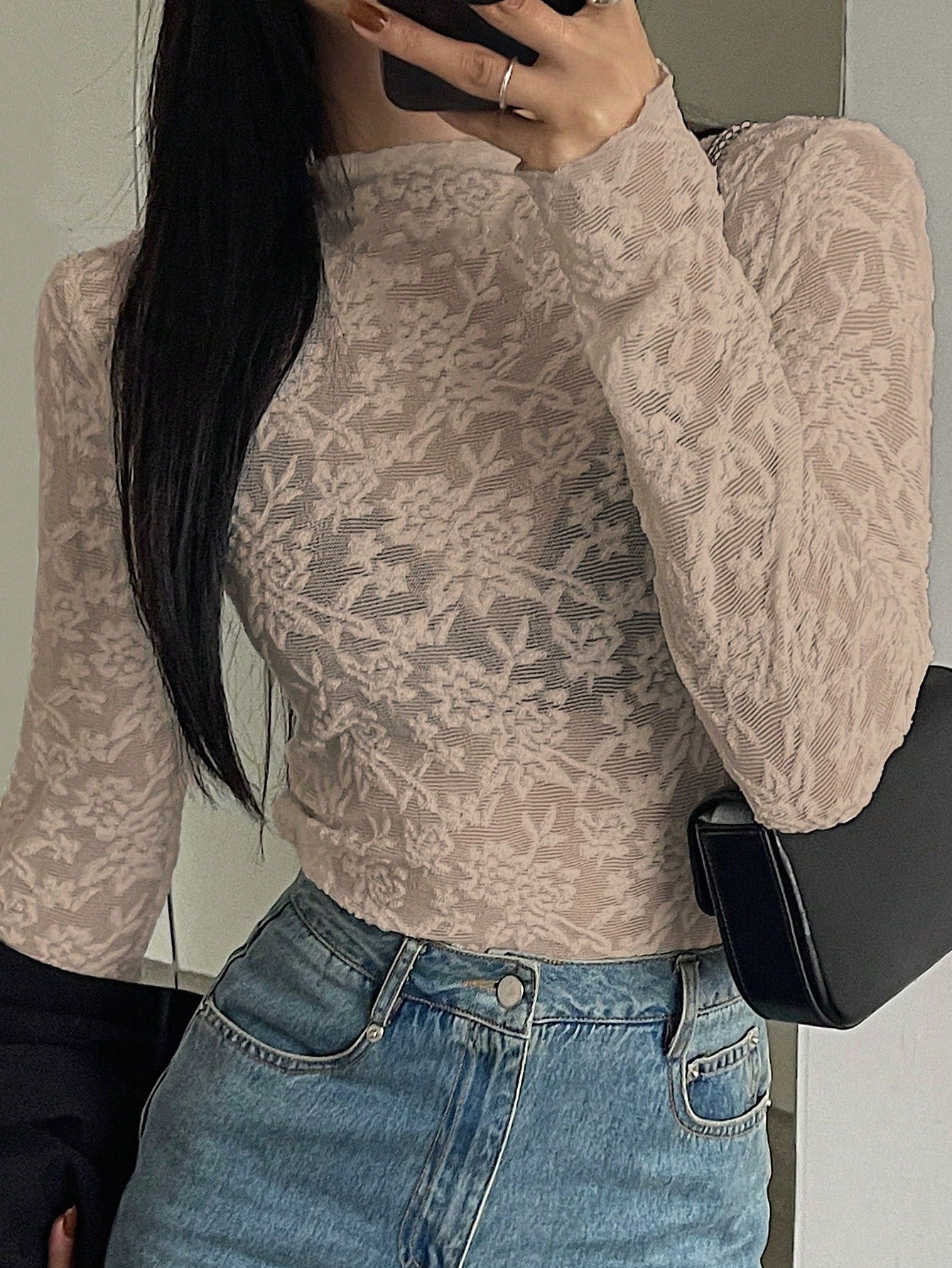 Perspective Lace Half-High Collar Slim Fit Long Sleeve Women Top