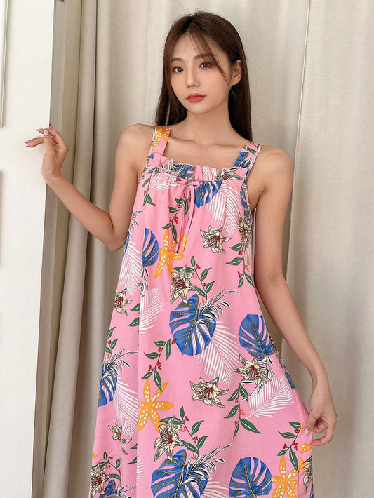 Floral Print Ruffle Trimmed Sleeveless Slip Dress With Spaghetti Straps