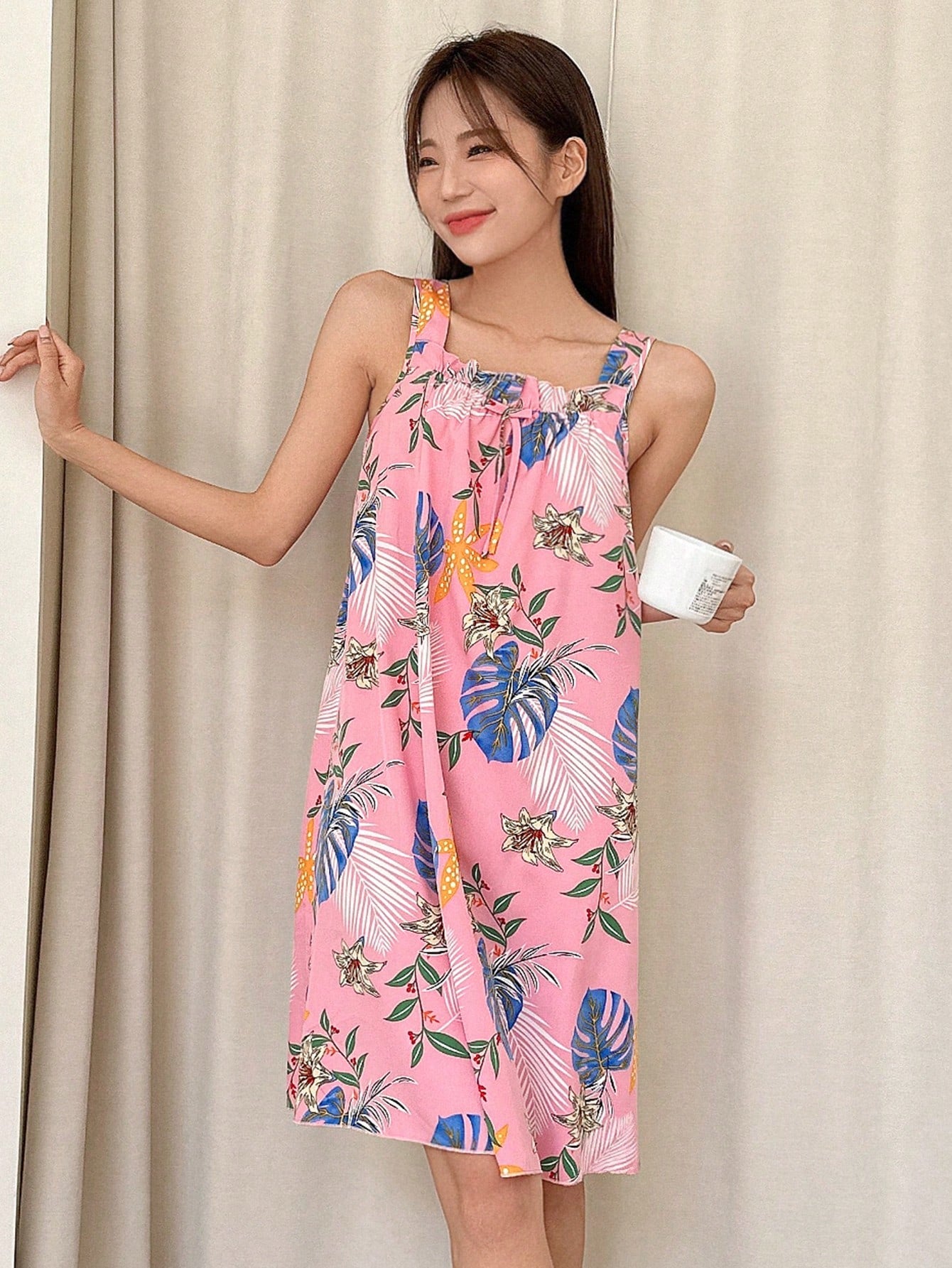Floral Print Ruffle Trimmed Sleeveless Slip Dress With Spaghetti Straps
