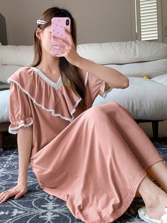 Color Block Lace Trim V-Neck Puff Sleeve Homewear Dress