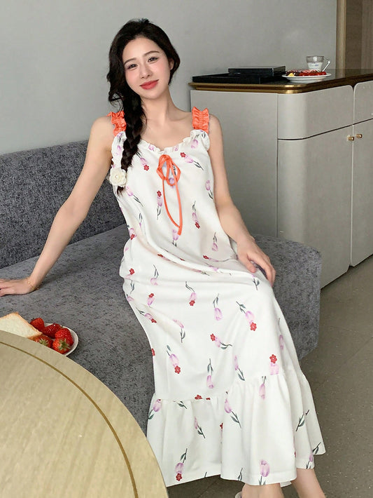 Women Tulip Printed Colorblock Shoulder Strap Sleep Dress With Ruffle Hem