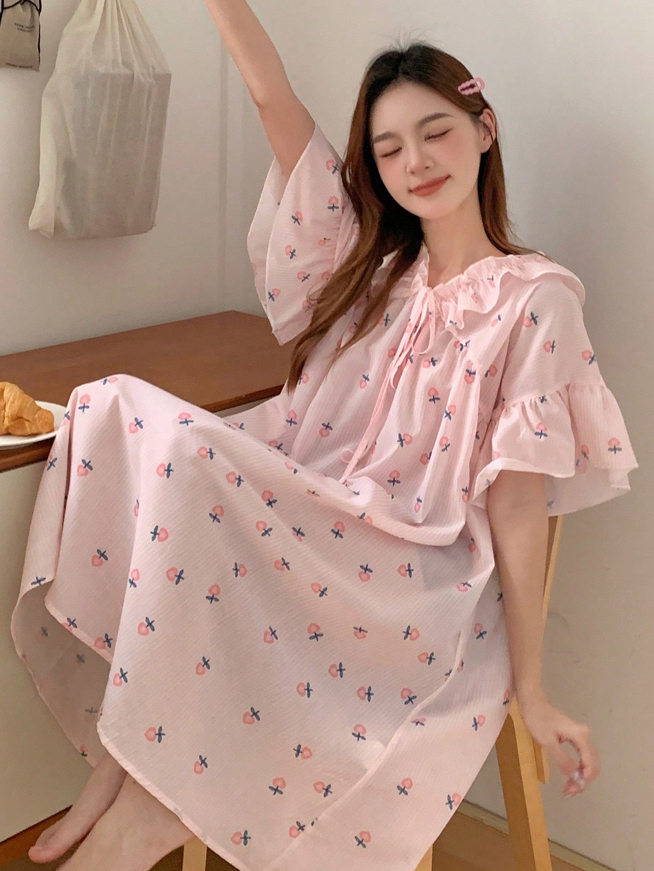 Summer Striped And Floral Print Sweet Sleep Dress With Ruffle Hem