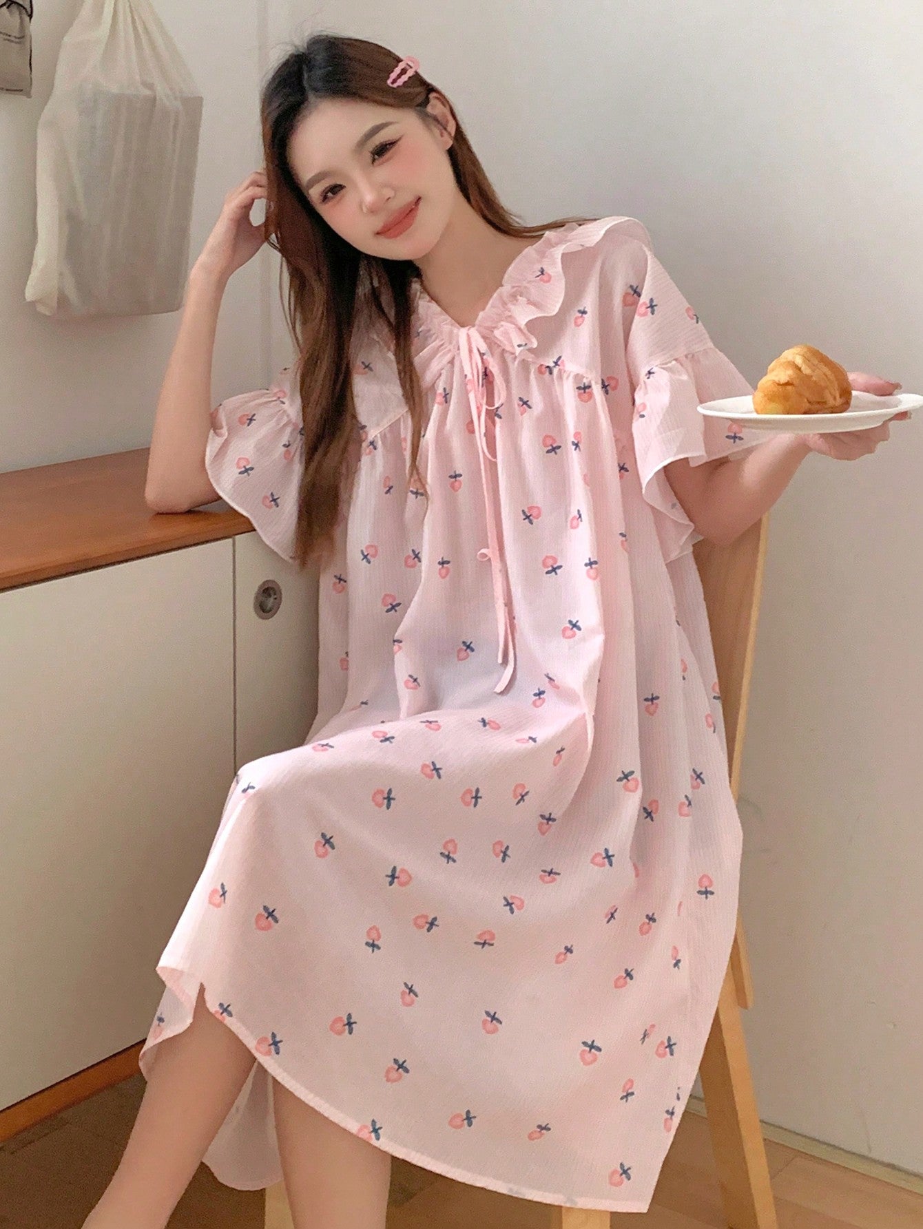 Summer Striped And Floral Print Sweet Sleep Dress With Ruffle Hem