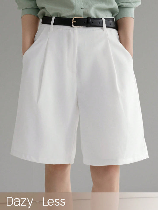 Women's Solid Color Pleated Five Shorts With Pockets