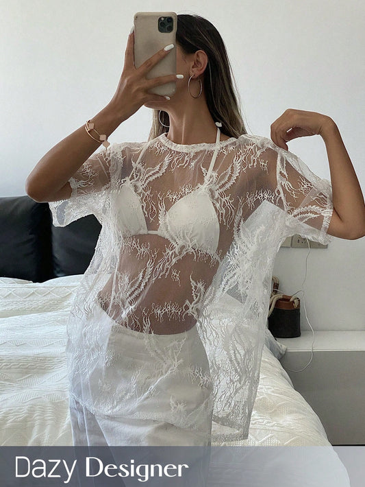 Women White Hollow Out Top With Thin And Transparent Design Sense