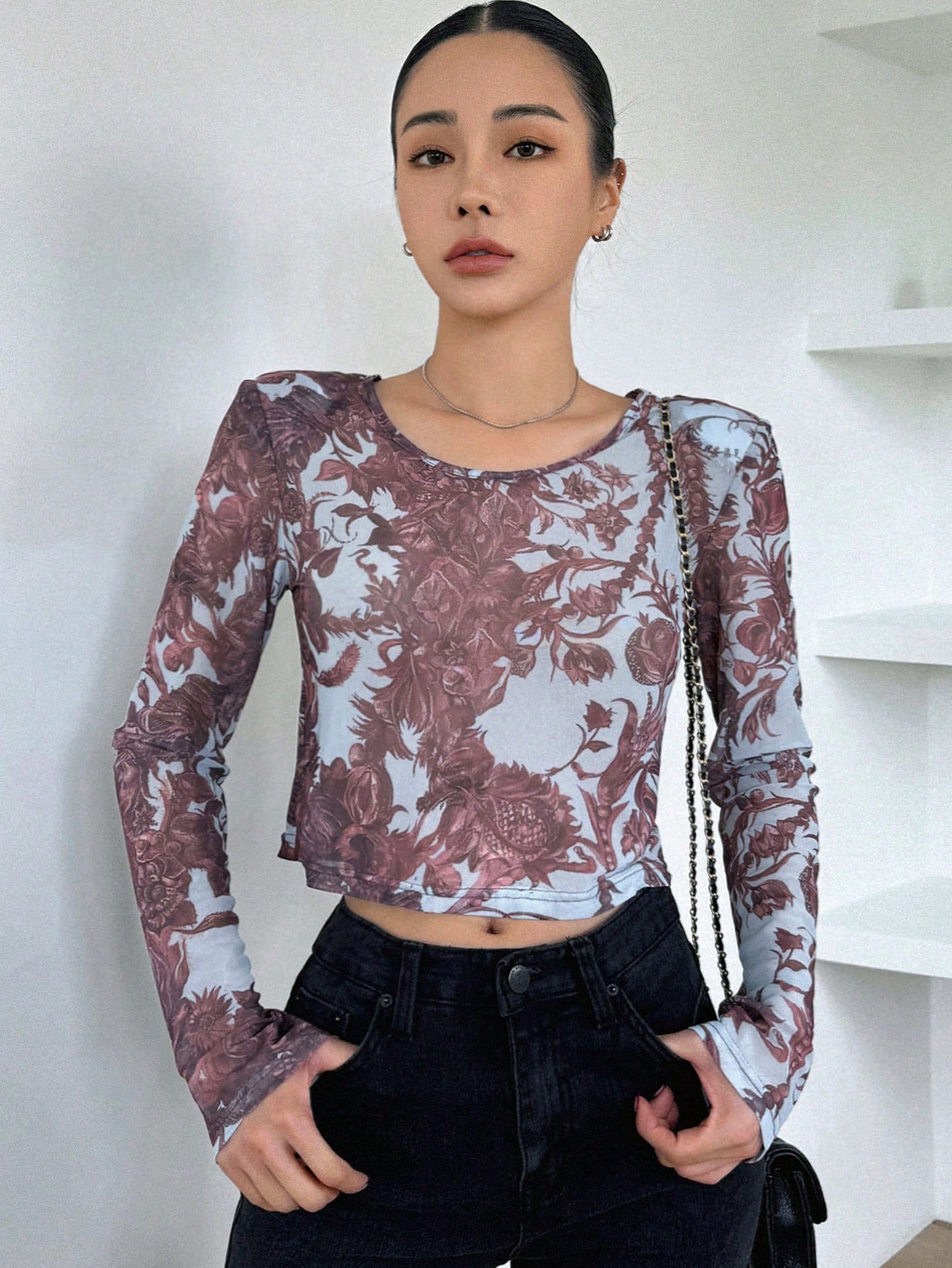Full-Body Floral Mesh Sheer Long Sleeve Round Neck Cropped Women Top