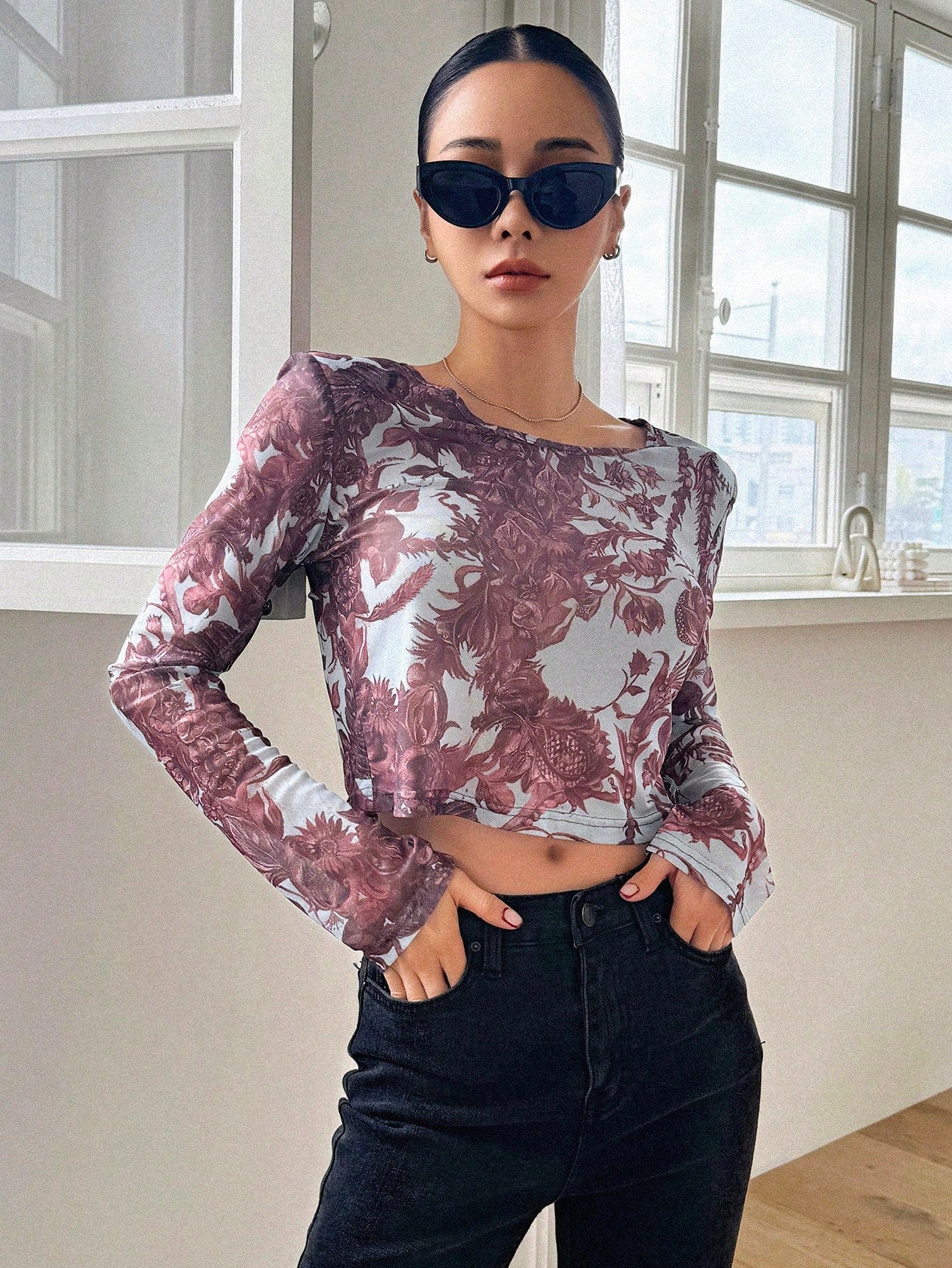 Full-Body Floral Mesh Sheer Long Sleeve Round Neck Cropped Women Top