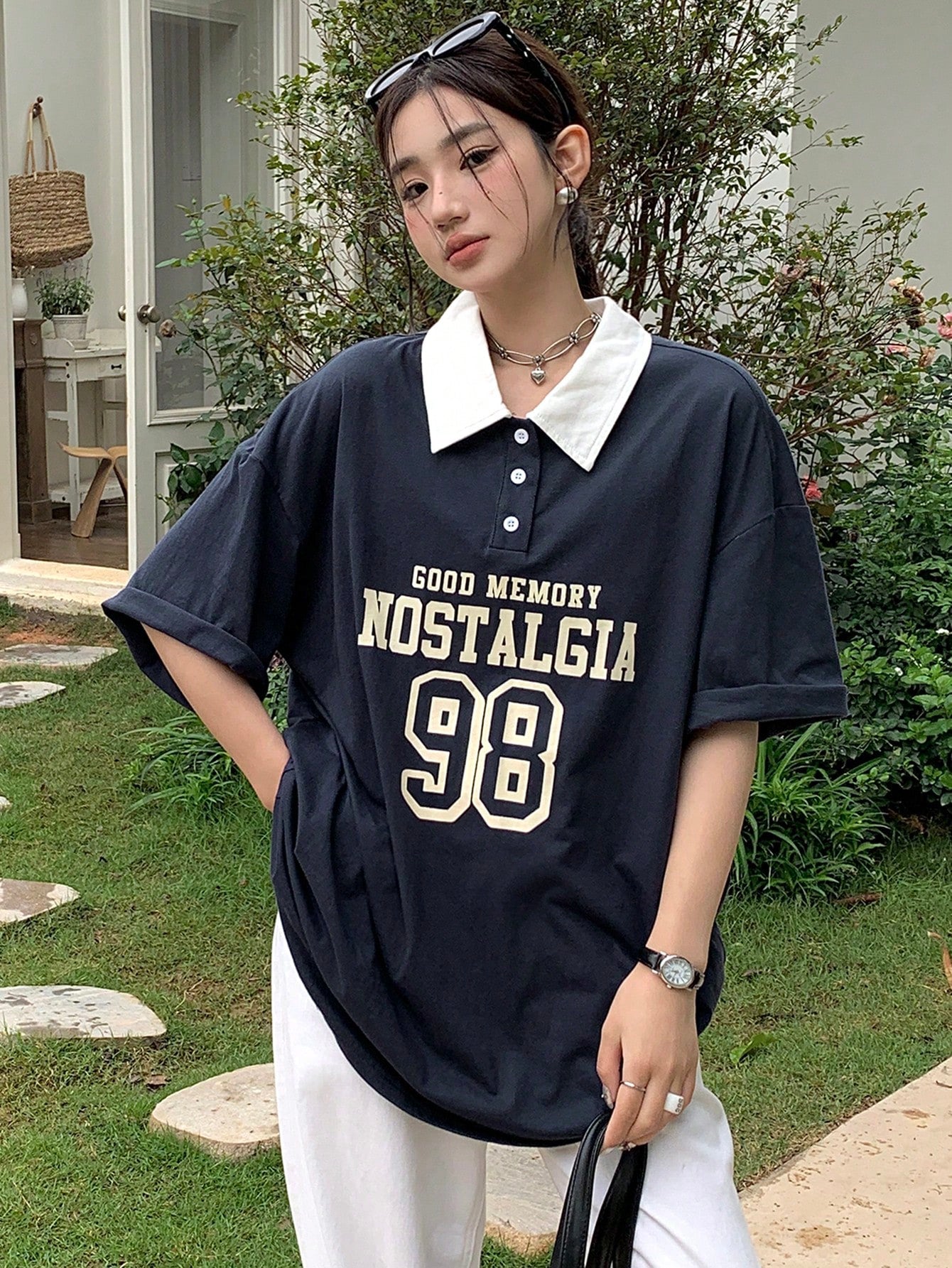 Polo Collar Letter Printed Short Sleeve T-Shirt With Front Buttons