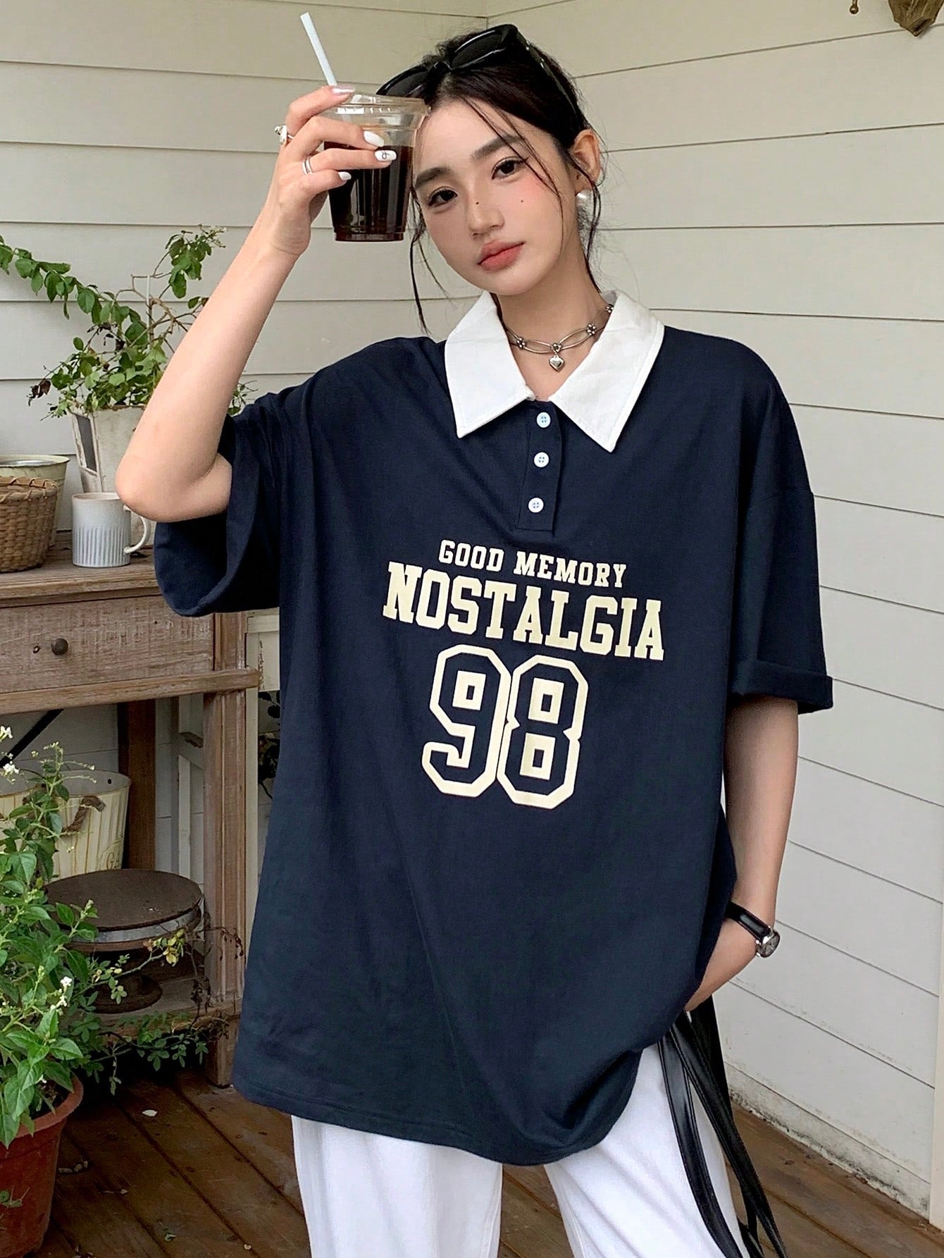 Polo Collar Letter Printed Short Sleeve T-Shirt With Front Buttons