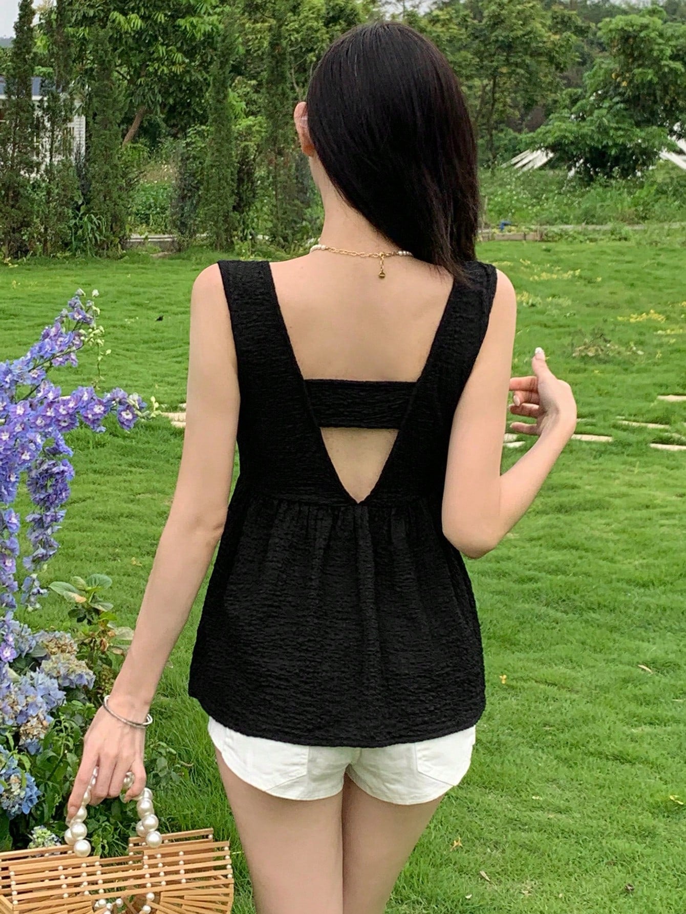 Women Solid Color Sleeveless Back Design Texture Fabric Tank Top