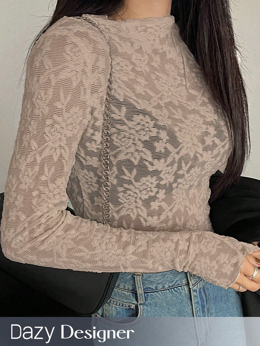 Perspective Lace Half-High Collar Slim Fit Long Sleeve Women Top