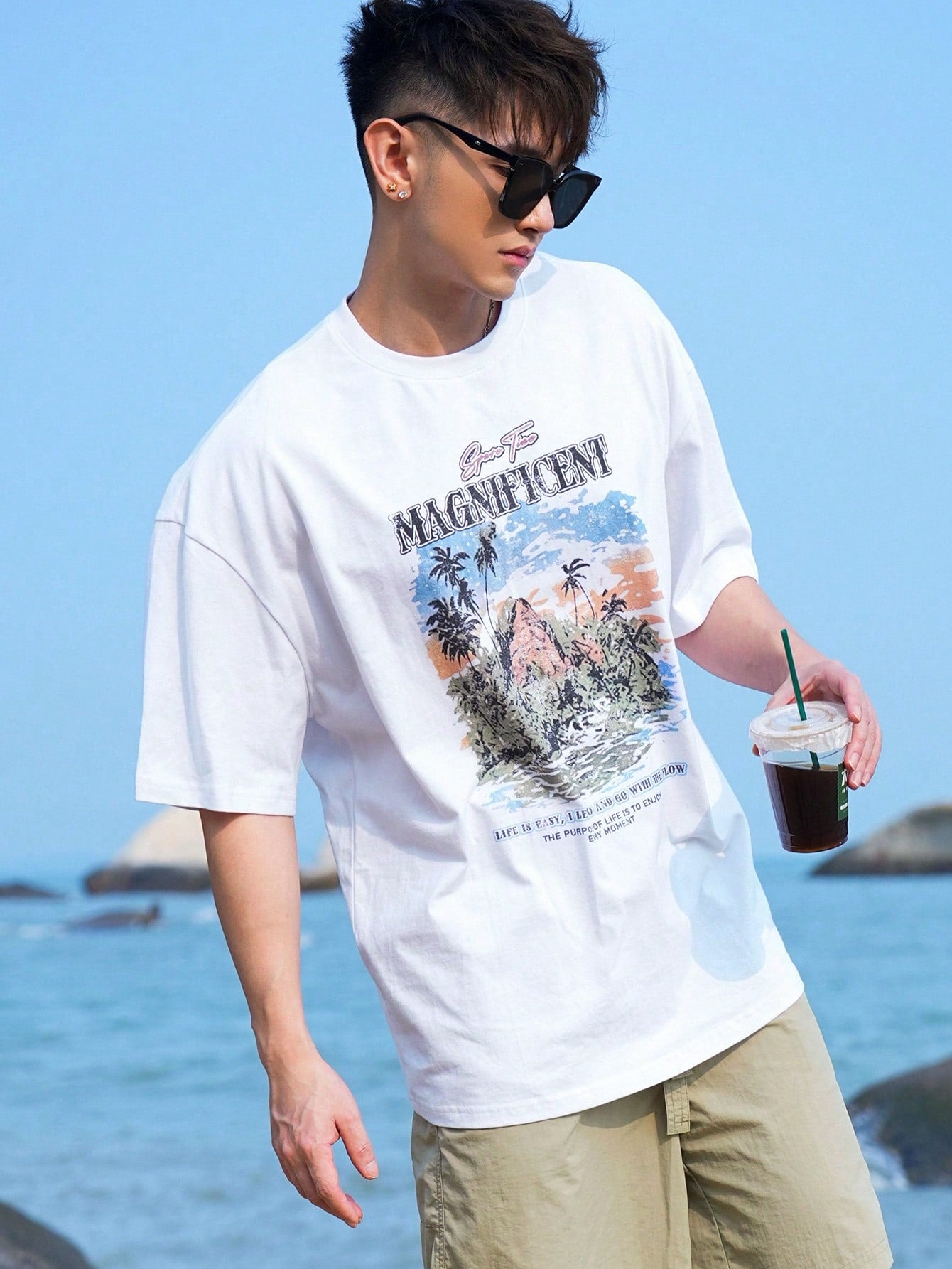 Men Summer Drop Shoulder Short Sleeve T-Shirt, Casual Daily Wear With Letter Printing
