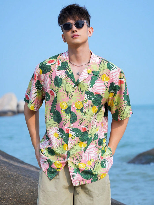 Men Floral Print Short Sleeve Shirt, Vacation Style, Summer