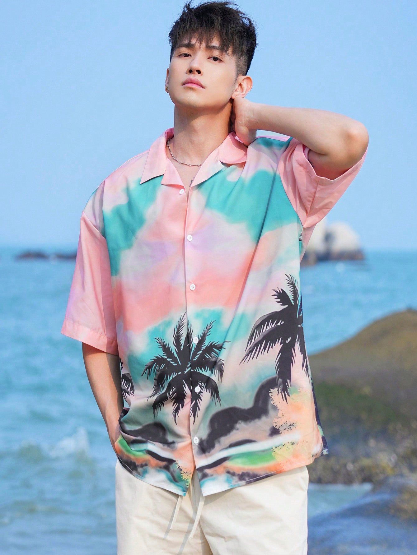 Men Summer Palm Tree Printed Beach Vacation Shirt