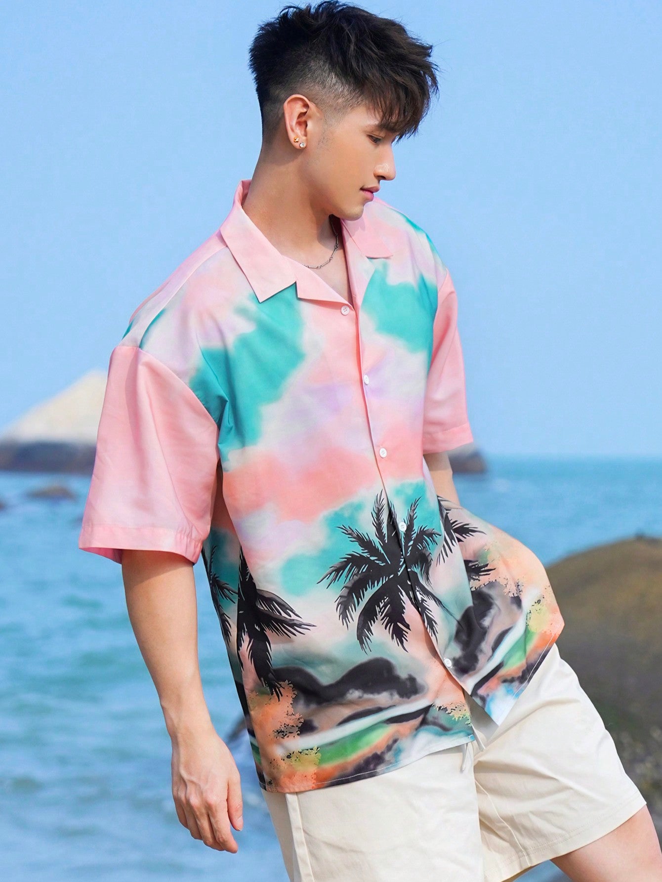 Men Summer Palm Tree Printed Beach Vacation Shirt