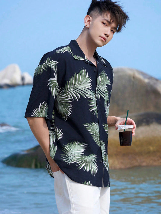 Men Loose Fit Short Sleeve Plant Print Summer Shirt