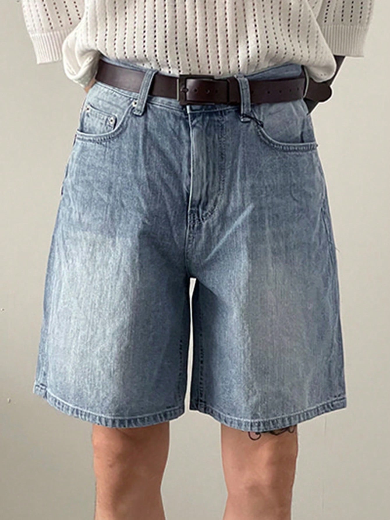 Men Summer Solid Color Button Fly Denim Shorts With Pockets