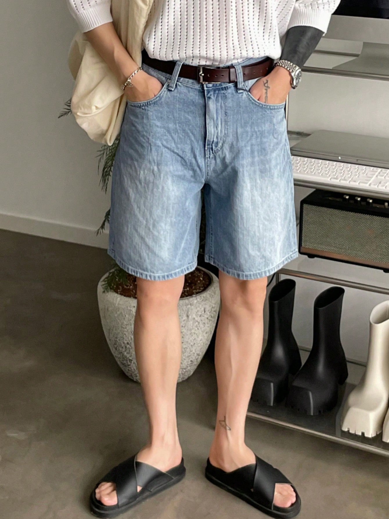 Men Summer Solid Color Button Fly Denim Shorts With Pockets