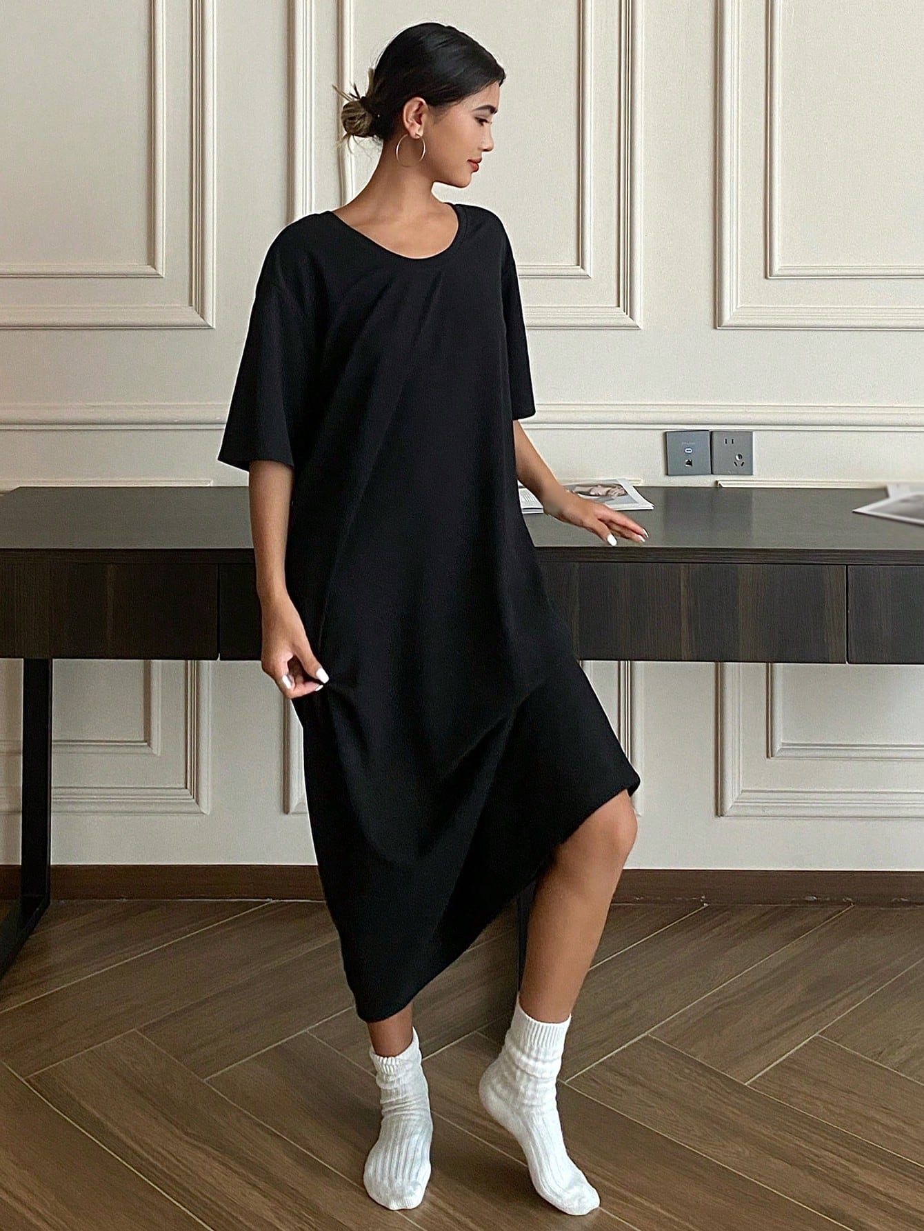 Loose Fit Casual Solid Color Homewear Dress With Wide Round Neckline